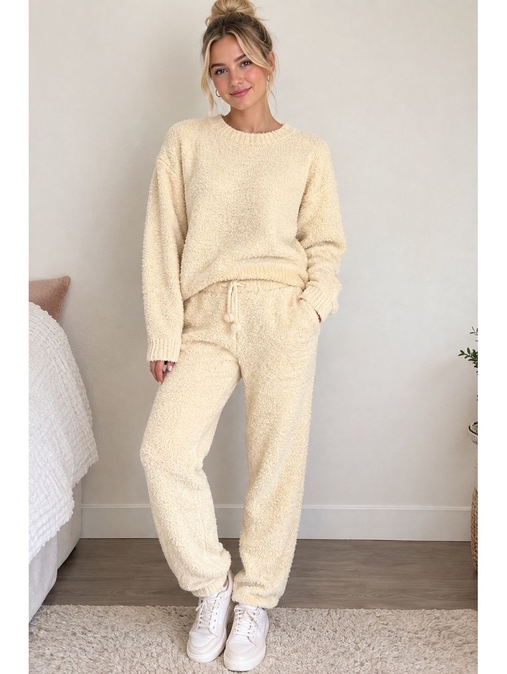 Merokeety Cream Fuzzy Cozy Lounge Set Sweater Pants Womenโs M